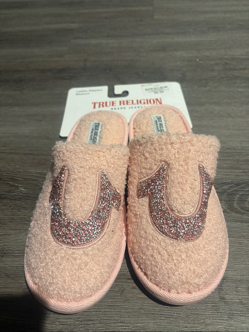 True Religion Kids Pink Sherpa Slide Slippers with Glitter Logo